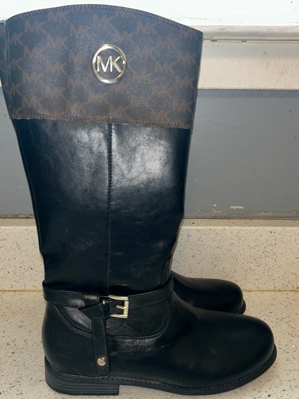 Michael Kors Black Leather Logo Cuff Riding Boots